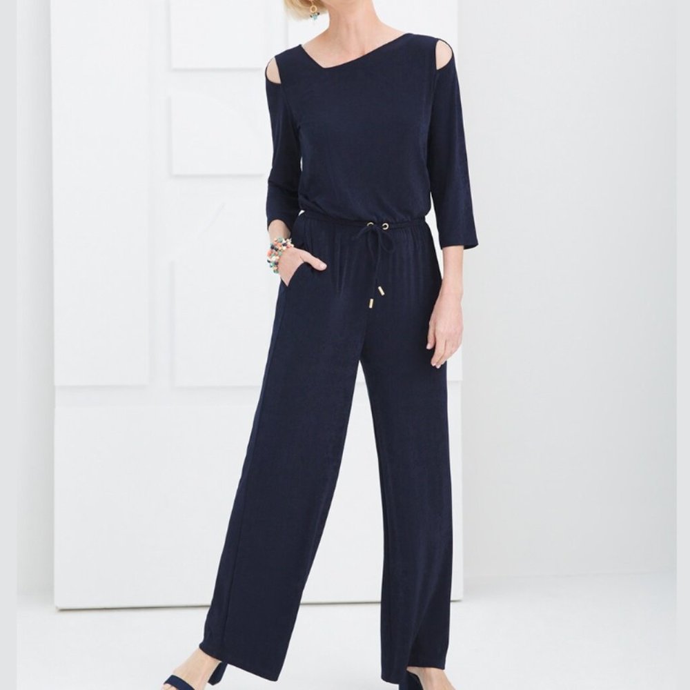 Chico's Sz 2 Travelers Classic Split Shoulder Jumpsuit in India Ink Blue